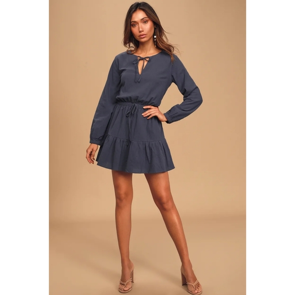 NEW Lulu's Navy Blue Long Sleeve Skater Dress - Picture 2 of 10